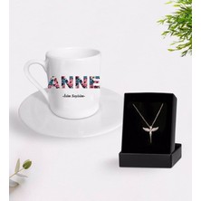 Kişiye Özel  Türk Kahve Fincanı Anne ve Isim Tasarımlı Melek Kolye Set