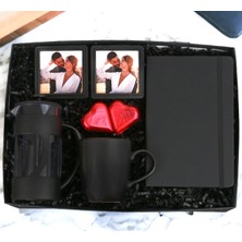 Kişiye Özel Black Siyah Hediye Seti Defter & Kupa Bardak Siyah French Press 2 Li Çerçeve ve Kalp Çikolata (Siyah)