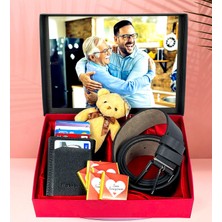 Kişiye Özel Yeni Fotoğraflı Deri Kemer Cüzdan Çikolata ve Ayıcık  Anahtarlık Set