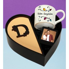 Kişiye Özel Baş Harf Tasarımlı Kalp Kutu Çerçeve ve Isim Soyisim Tasarımlı Fincan