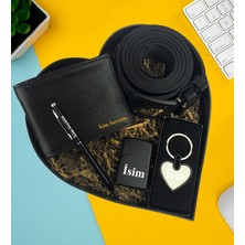 Kişiye Özel Premium Kalp Kutu Cüzdan Kemer Metal Lüx Kalp Anahtarlık Zippo Metal Çakmak Touch Pen Metal Kalem Hediye Set