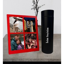Kişiye Özel Premium  Termos Bardak ve Fotoğraflı Dört Resimli Siyah Kolaj Masaüstü Fotoğraf Kırmızı Çerçeve