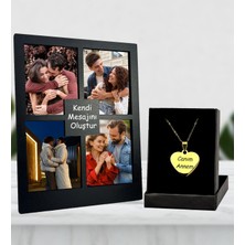 Kişiye Özel 4 Fotoğraflı Mesajını Oluştur Siyah Renk Kolaj Masaüstü Çerçeve ve Gümüş Kaplama Kolye