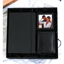 Kişiye Özel Mermer Desenli Defter & Siyah Erkek Cüzdan Siyah Fotoğraflı Çerçeve Özel Erkek Hediye Seti (Siyah)