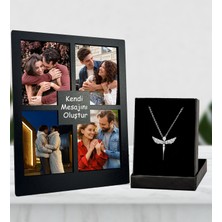 Kişiye Özel 4 Fotoğraflı Mesajını Oluştur Siyah Renk Kolaj Masaüstü Çerçeve ve Gümüş Kaplama Kolye