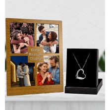 Kişiye Özel 4 Fotoğraflı Kendi Mesajını Oluştur Kolaj Ahşap Renk Masaüstü Çerçeve ve Gümüş Kaplama Kolye