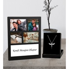 Kişiye Özel 4 Fotoğraflı Kolaj Ahşap Çerçeve ve Melek Kolye