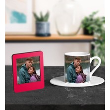 Kişiye Özel Fotoğraflı Kahve Fincanı ve Kırmızı Ahşap Çerçeve