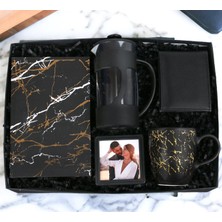 Kişiye Özel Hediye Seti Defter & Kupa Bardak Siyah French Press Çerçeve ve Erkek Cüzdan (Siyah-Sarı)