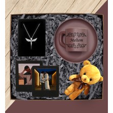 Kişiye Özel Isimli Kahve Rengi Türk Kahvesi Fincanı Melek Kolye Ayıcık Anahtarlık ve Fotoğraflı Siyah Çerçeve Seti