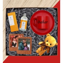 Kişiye Özel Isimli Kırmızı Türk Kahvesi Fincanı Kolonya Ayıcık Anahtarlık ve Fotoğraflı Ahşap Çerçeve Seti