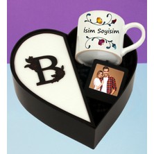 Kişiye Özel Baş Harf Tasarımlı Kalp Kutu ve Çerçeve ve Isim Soyisim Tasarımlı Fincan