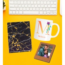 Kişiye Özel Baş Harf Isim Soyisim Beyaz Kupa Fotoğraflı Çerçeve ve Yaldızlı Desenli Defter Set