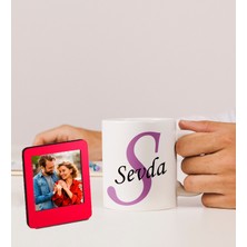 Kişiye Özel Baş Harf ve Isim Tasarımlı Kupa ve Resimli Kırmızı Çerçeve