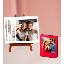 Kişiye Özel 4 Polokart Fotoğraflı Şövale ve Kırmızı Ahşap Mdf Çerçeve