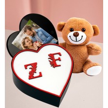 Kalp Kutu Kişiye Özel Çift Harf Tasarımlı Kalp Kutu ve 25 cm Peluş Ayıcık