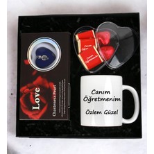 Kişiye Özel Öğretmenler Günü Tasarımlı Kupa Bardak Kalp & Madlen Çikolata ve Gerçek Istiridye Kolye (Taba-Beyaz)
