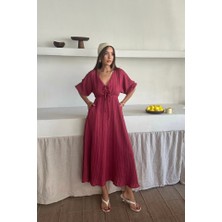 V Yaka Dökümlü Elbise - Pembe