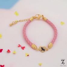 14 Ayar Plakalı Altın Oğlak Burçlarına Özel Pembe Derili Kalp Figürlü Hediye BILEKLIK-473BURÇ