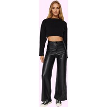 Kadın Yüksek Bel Geniş Paça Örme Pantolon Suni Deri Günlük Şıklık Yaz Aylarının Vazgeçilmezi