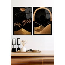 Güneş ve Ay Illüstrasyon Temalı 2'li Cam Tablo Seti, Modern Ev Dekoru, Hediyelik Duvar Dekorasyonu
