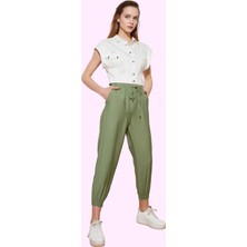 Kadın Dokuma Jogger Pantolon; Rahat Yüksek Bel Lastikli Paça Günlük Kombinler Modern Tasarım