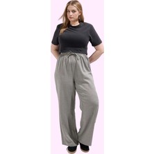 Kadın Büyük Beden Keten Görünümlü Dokuma Pantolon Yüksek Bel Geniş Paça Yazlık Günlük Kullanım