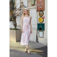 Kadın Ipeksi Modal Kumaş Askılı Eteği Kiloş Diz Altı Yazlık Abiye Gece Elbise-Pembe