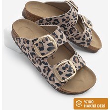 Marjin Kadın Hakiki Deri Günlük Terlik Çift Bantlı Terlik Eva Taban Poli Bej Leopar