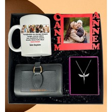 Anneler Gününe Özel Canım Annem Kırmızı Çerçeve Siyah Cüzdan Melek Kolye ve 4 Fotoğraflı Anne Tasarımlı Kupa Bardak