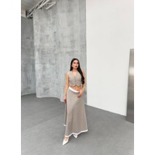 Gi̇o Çi̇zgi̇li̇ Garni̇li̇ Mi̇di̇ Etek Yelek Takim