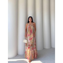 Zr Model Pembe Yakası Toka Detaylı Astarlı Şifon Elbiseı