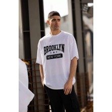 Unisex Bisiklet Yaka Baskılı Oversize T-Shirt - Beyaz