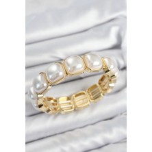 Pirinç Kare Inci Model Gold Renk Lastikli Kadın Bileklik