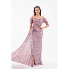 Kadın Pudra Pul Payet Işlemeli Uzun Abiye Elbise