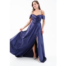 Kadın Lacivert Düşük Kol Saten Abiye Elbise