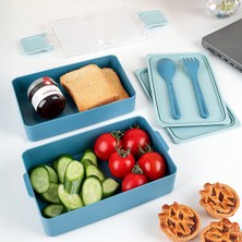 2 Katlı Kilitli Beslenme Kabı - Kendinden Çatal Kaşıklı Lunch Box Beslenme Kutusu Saklama Kabı Mavi
