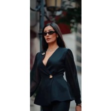 Kadın Düğmeli Altın Aksesuar Şifon Kol Bel Lastikli Cepli Pantolon Esnek Dokuma 2 Li Abiye Takım