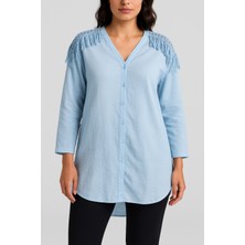 Kadın Oversize Kalıp Kol Detaylı Keten Mavi Gömlek