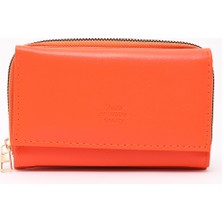 Turuncu SHK204 Suni Deri 13 Bölmeli, Kartlık, Kağıt ve Bozuk Para Bölmeli Çıtçıtlı Cüzdan