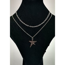 Çift Zincirli  Gümüş Renk Figürlü Kolye