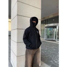 Samuray Kapşonlu Zıp Fermuarlı Kapşonlu Sweatshirt - Siyah