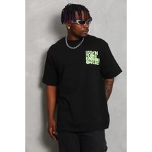Unisex Oversize Baskılı Bisiklet Yaka T-Shirt - Siyah