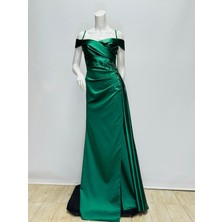 Suu Collection Uzun Saten Madonna Yaka Belli Işlemeli Yeşil Abiye Elbise 2378