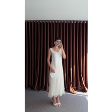 Dantel Garnili Keten Midi Elbise