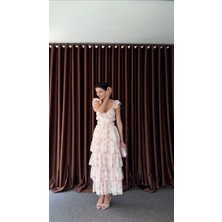 Bel Detaylı Pembe Çiçekli Katlı Elbise