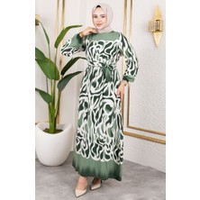 Beli Lastikli Desenli Elbise 7127-02 Haki