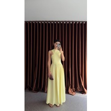 Omuz Detaylı Keten Sarı Elbise