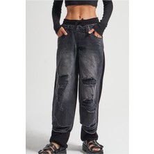 Kadın Tint Haki Lazer Detaylı Skater Jogger Fit Denim Jogger Kot Pantolon Baggy Model