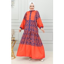 Etnik Desenli Tesettür Elbise 0302-03 Turuncu